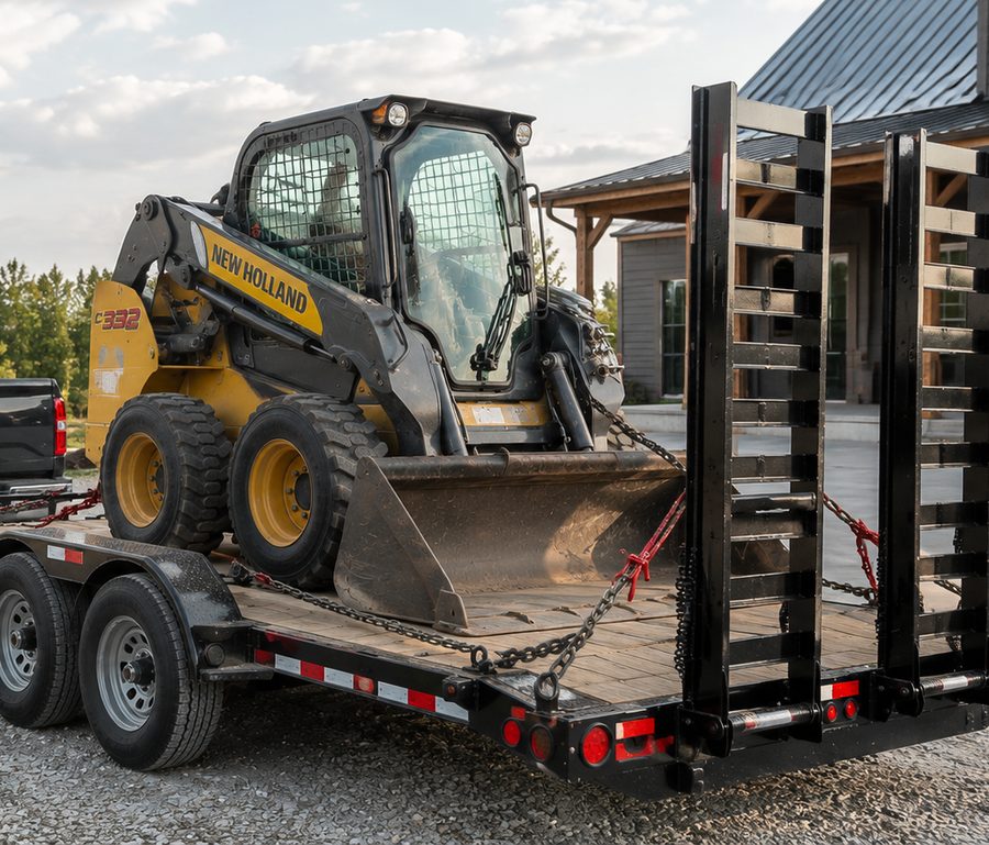 Skid steer loader chained to a flatbed equipment trailer behind a pickup truck at a jobsite, ready for local rental delivery