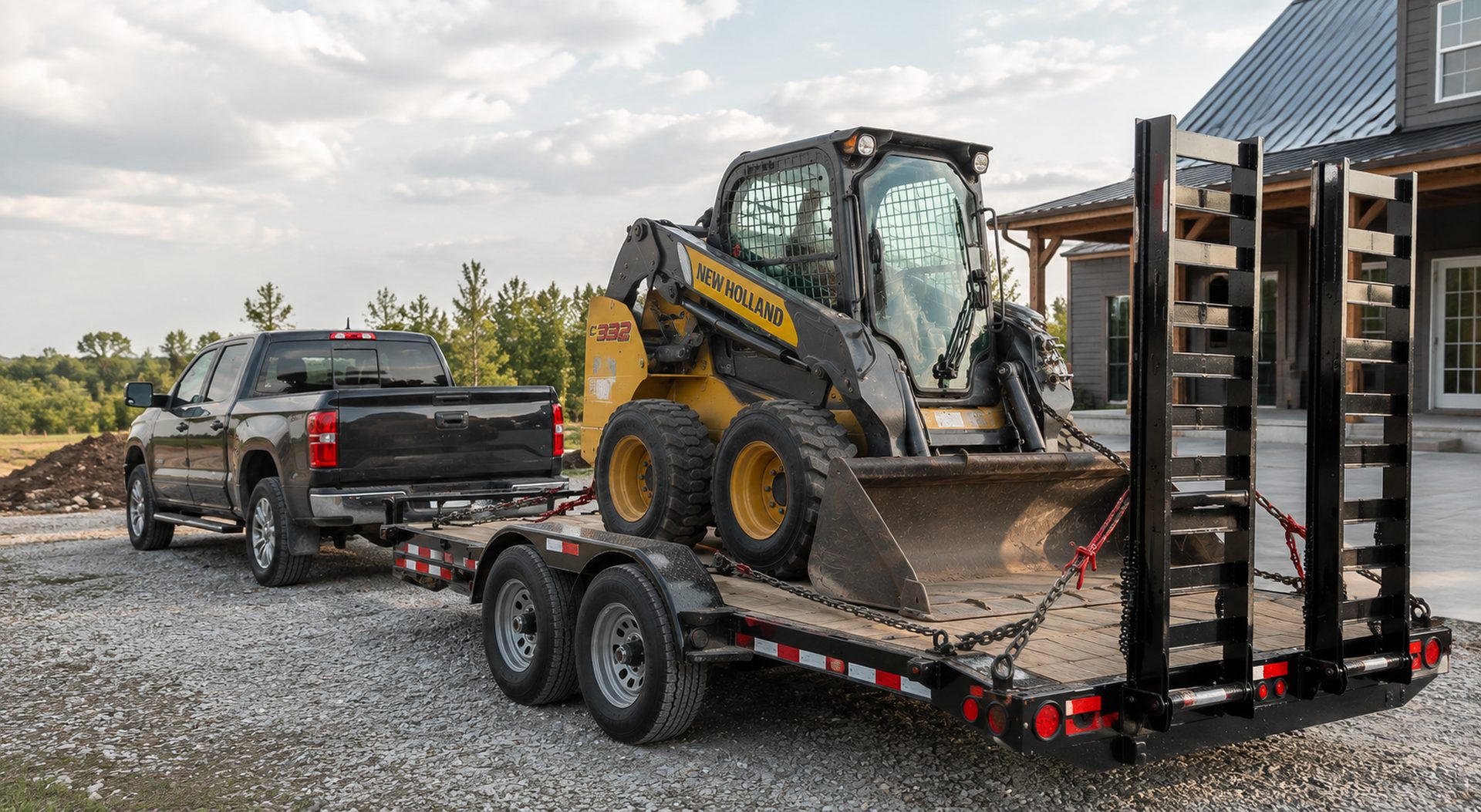Skid steer loader chained to a flatbed equipment trailer behind a pickup truck at a jobsite, ready for local rental delivery